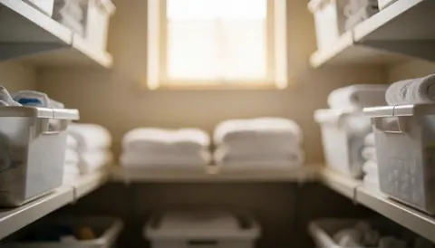 A soft focus background of a storage area featuring stacked boxes, hanging towels, and visible pipes, creating a clean and professional texture suitable for text overlay.