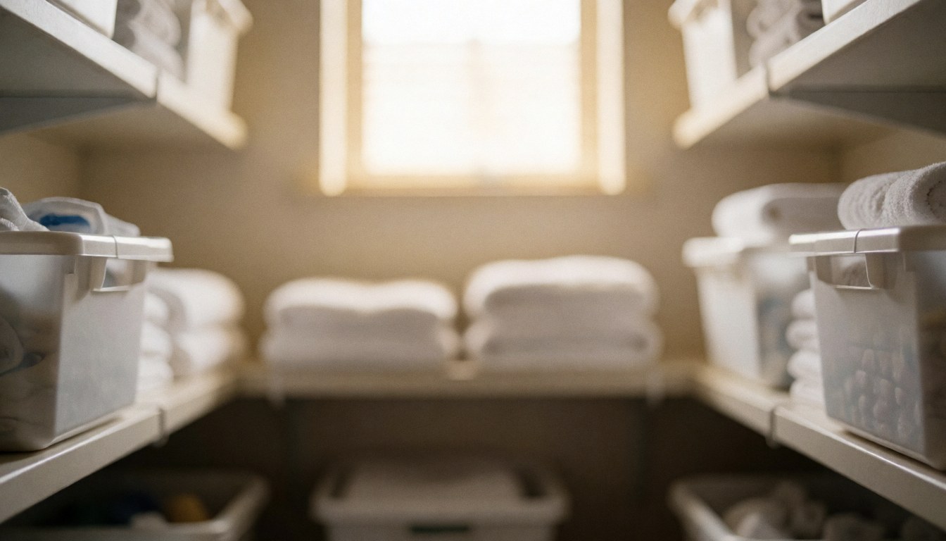 A soft focus background of a storage area featuring stacked boxes, hanging towels, and visible pipes, creating a clean and professional texture suitable for text overlay.