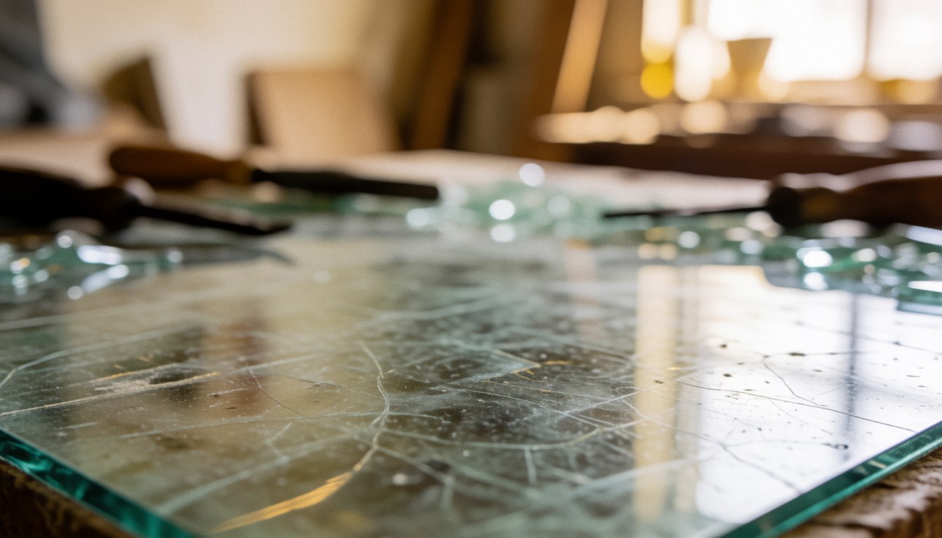 Close-up view of a decorative glass cutting board with warm lighting, featuring visible cuts and fragments on a textured surface suitable for text overlay