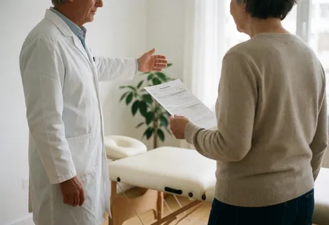 Osteopath in white coat guiding a patient holding a document near a treatment table in a bright clinical room with plants.