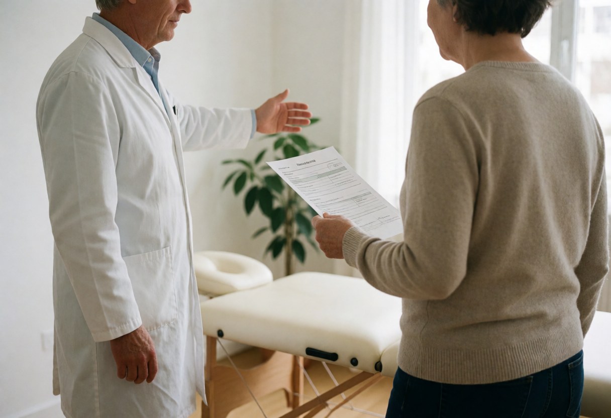 Osteopath in white coat guiding a patient holding a document near a treatment table in a bright clinical room with plants.
