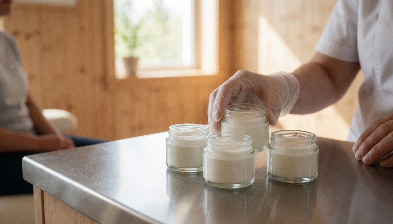 Glass jars of balm sitting on a wooden counter next to a window with natural light, alongside a gloved hand, representing professional podology care.