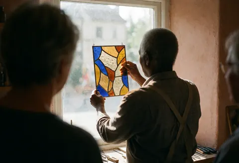 A craftsman examines a large stained glass panel in a sunlit workshop, with dust motes floating in the natural light filtering through the terracotta walls.