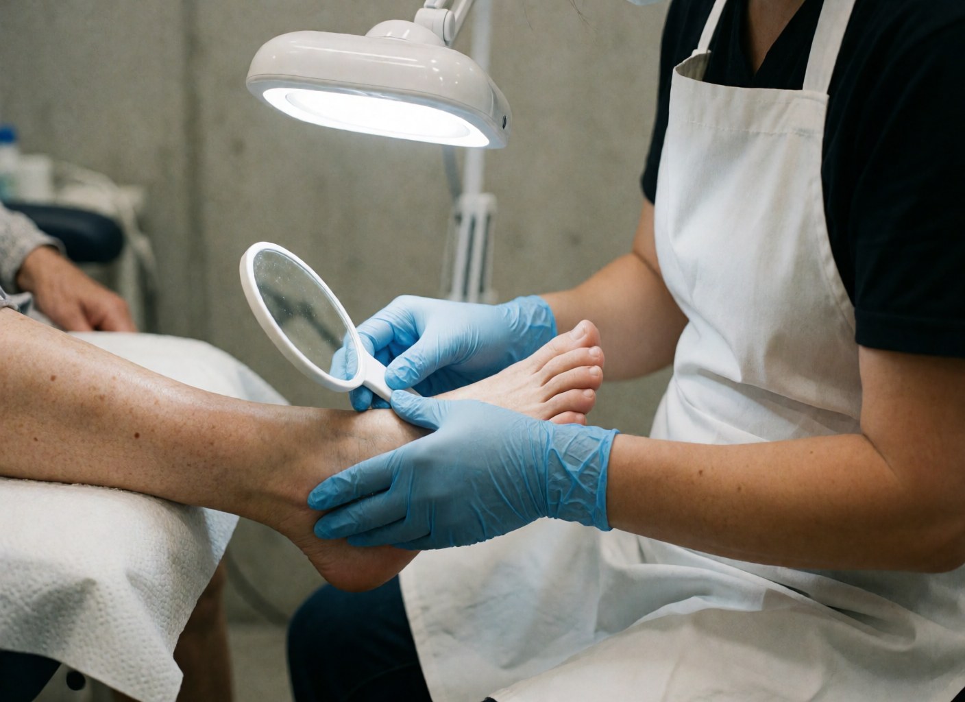A podiatrist wearing blue gloves uses a mirror and light to examine a patient's foot in a clinic with concrete walls.