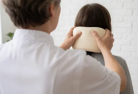 Osteopath adjusting an ergonomic pillow on a patient's neck in a modern clinical setting with white brick walls and natural light.
