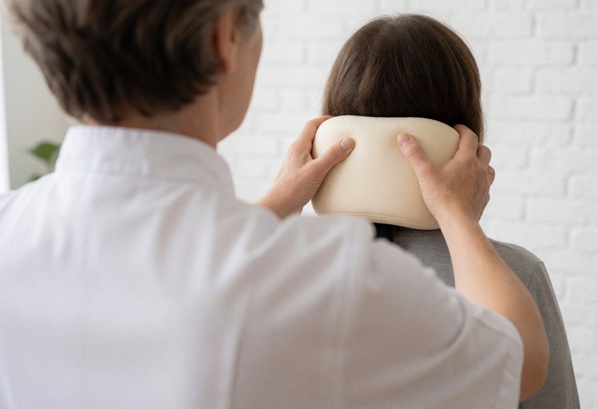 Osteopath adjusting an ergonomic pillow on a patient's neck in a modern clinical setting with white brick walls and natural light.