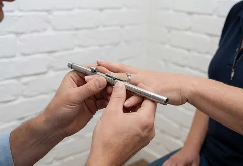 Close-up of a jeweler's hands using a metal ring sizer to measure the size of a silver ring for a customer.