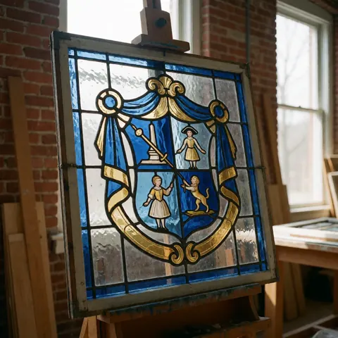 Colonial stained glass panel featuring a shield, displayed in a workshop with brick walls and natural light, serving as decorative art.