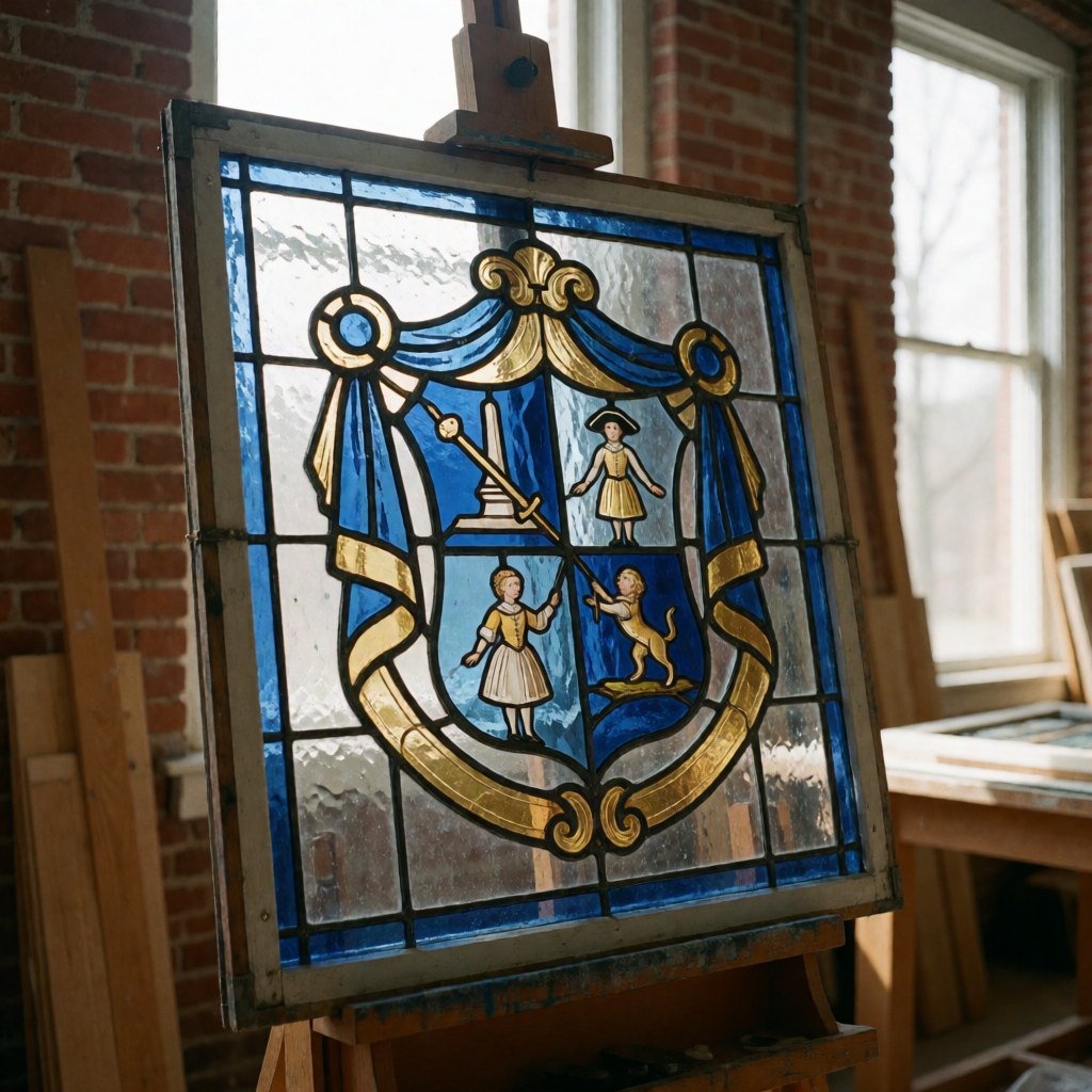 Colonial stained glass panel featuring a shield, displayed in a workshop with brick walls and natural light, serving as decorative art.