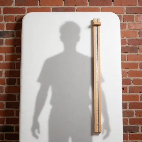 A shadow of a human body perfectly aligned with a wooden plumb line on a white mattress against a red brick wall, representing postural assessment in osteopathy.