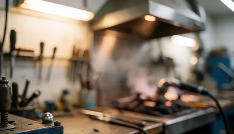 A blurred industrial workshop background featuring metal tools, welding equipment, and ventilation elements, suitable for text overlay in jewelry repair contexts