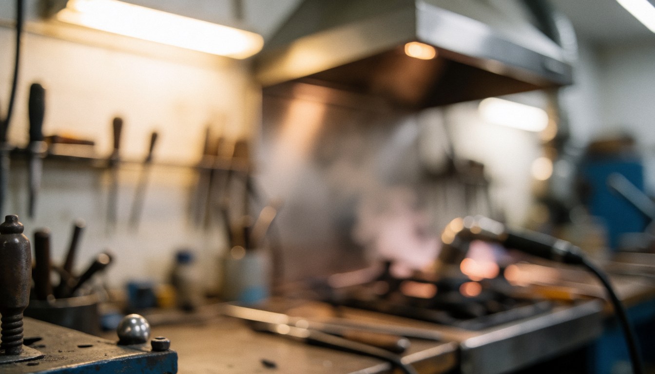 A blurred industrial workshop background featuring metal tools, welding equipment, and ventilation elements, suitable for text overlay in jewelry repair contexts