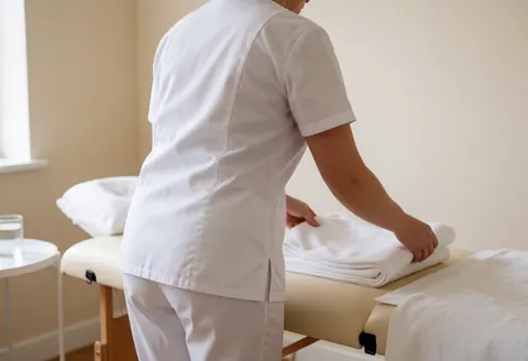 An osteopath in uniform prepares a clean treatment room with towels and supplies for patient care