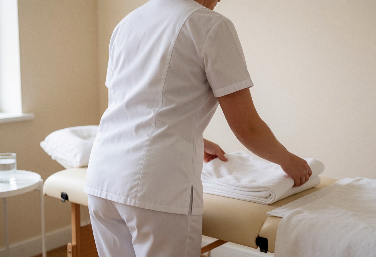 An osteopath in uniform prepares a clean treatment room with towels and supplies for patient care