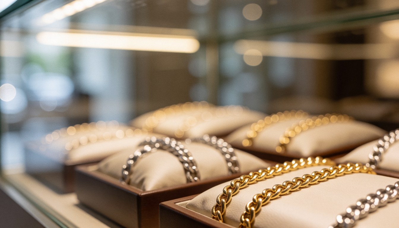 A jewelry display case featuring chains and bracelets on cream cushions with warm lighting and soft bokeh, suitable for commercial text backgrounds.