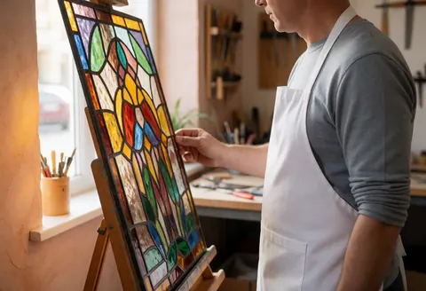 A craftsman carefully reviews a decorative stained glass panel in a well-lit workshop with terracotta walls and natural light