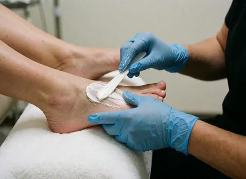 Close-up of hands in blue gloves applying healing balm to a patient's foot on a clean white towel during a professional podiatry session