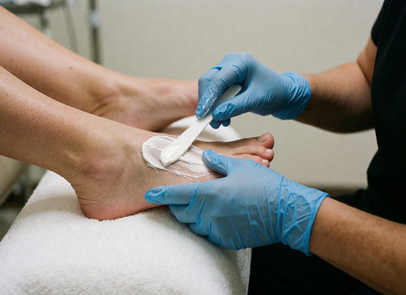 Close-up of hands in blue gloves applying healing balm to a patient's foot on a clean white towel during a professional podiatry session