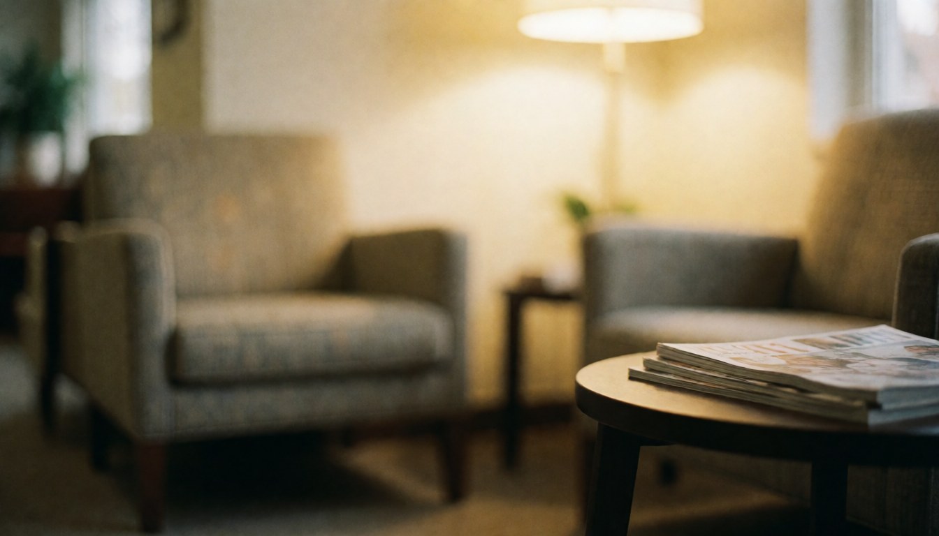 A cozy waiting area in a jewelry salon featuring comfortable chairs, a table with magazines, and warm ambient lighting for clients.