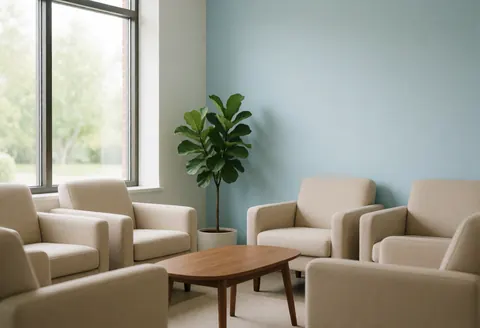 A comfortable osteopathy clinic waiting area featuring beige chairs, a wooden coffee table, a potted plant, and blue walls illuminated by natural light from a window.