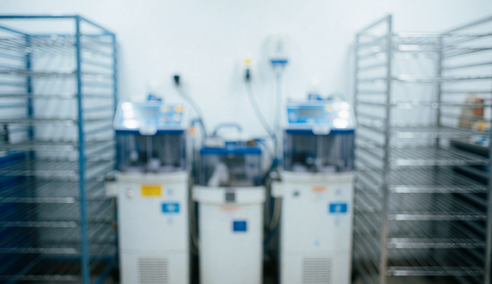 Professional jewelry repair workspace featuring ultrasonic cleaning tanks and metal shelving units in blue and white tones for text overlay