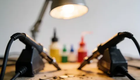 A warm, blurred background featuring a soldering station with irons, flux containers, and a work lamp, ideal for electronics repair or craft workshop themes.