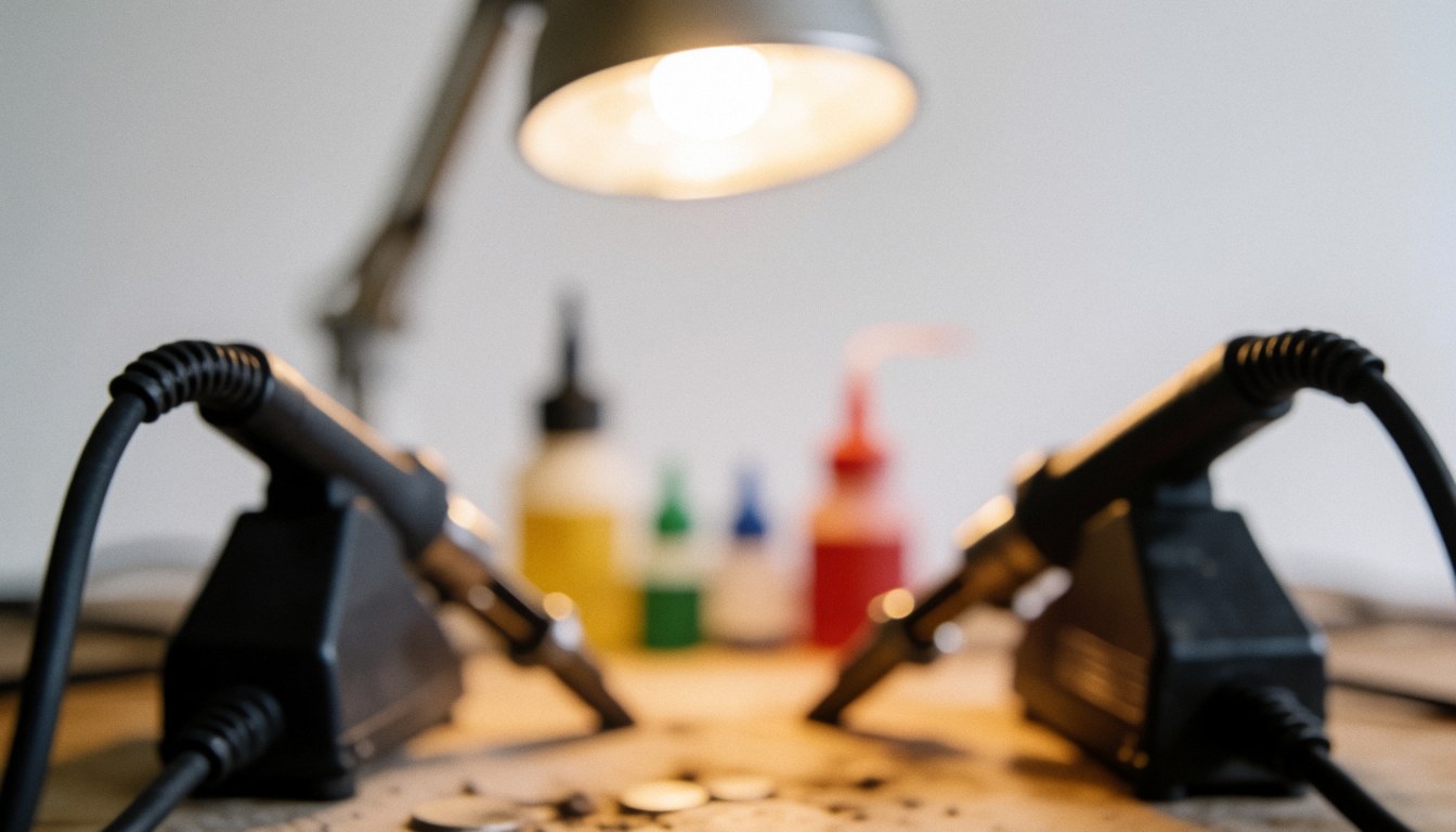 A warm, blurred background featuring a soldering station with irons, flux containers, and a work lamp, ideal for electronics repair or craft workshop themes.