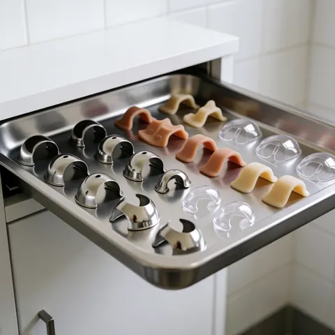 Metal tray holding beige and transparent silicone nail protectors for podiatry on white tiled background with professional lighting