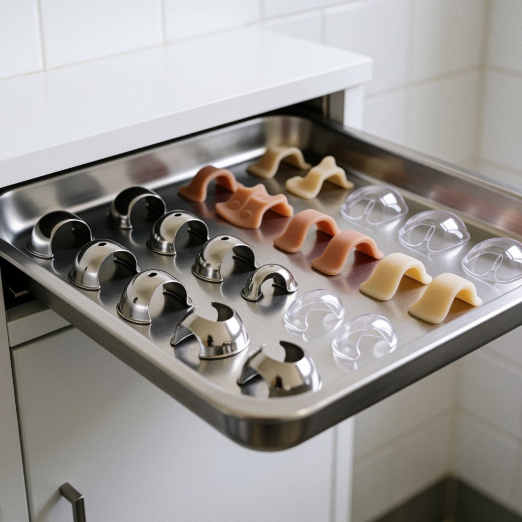 Metal tray holding beige and transparent silicone nail protectors for podiatry on white tiled background with professional lighting