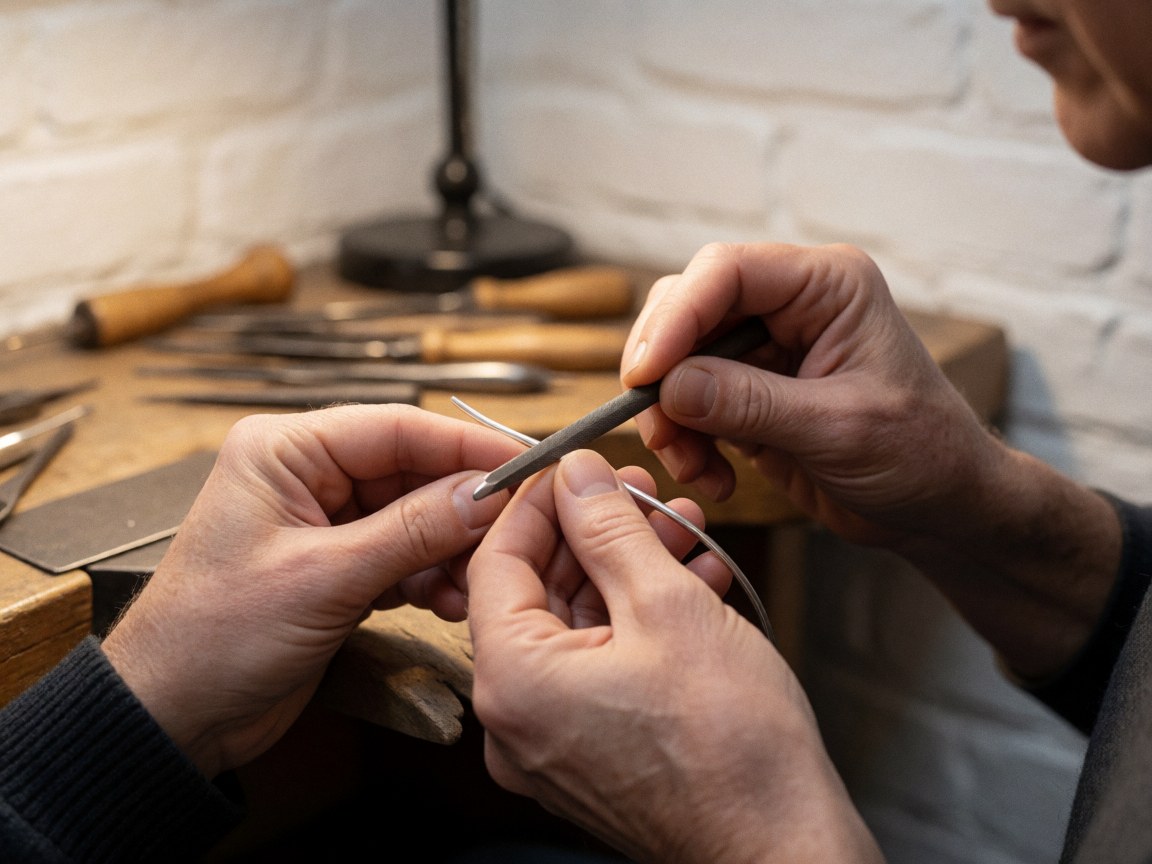 Close-up of a hand using tools to work on metal in a workshop with a white brick wall background
