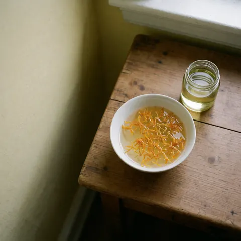 White bowl filled with water and marigold petals beside a glass oil jar on a rustic wooden table with soft natural light and a pale yellow wall