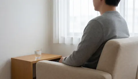A person sitting in a beige waiting chair at an osteopathy clinic, with a wooden table, water glass, window with curtains, and a calm professional atmosphere.