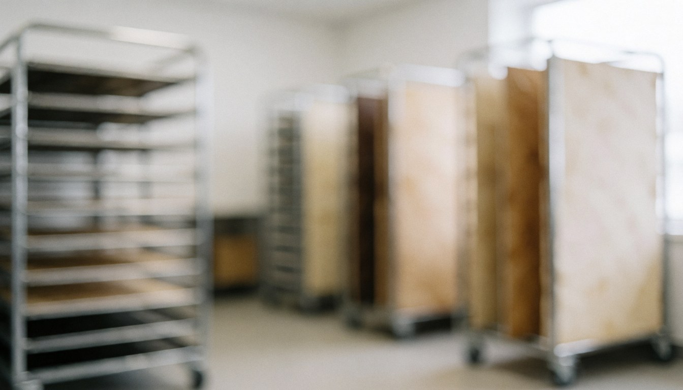 Clean white background featuring a metal drying rack with wooden shelves and glass panels, ideal for food preparation or commercial use
