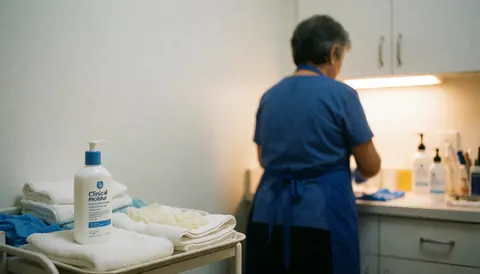 Podiatrist preparing a clean treatment room with towels, gloves, and cream under warm lighting for a professional atmosphere
