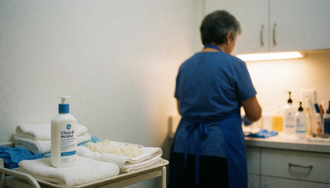 Podiatrist preparing a clean treatment room with towels, gloves, and cream under warm lighting for a professional atmosphere