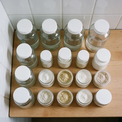 Glass jars with white lids and supplement powder on a light wooden surface, ideal for promoting natural health products in osteopathy.