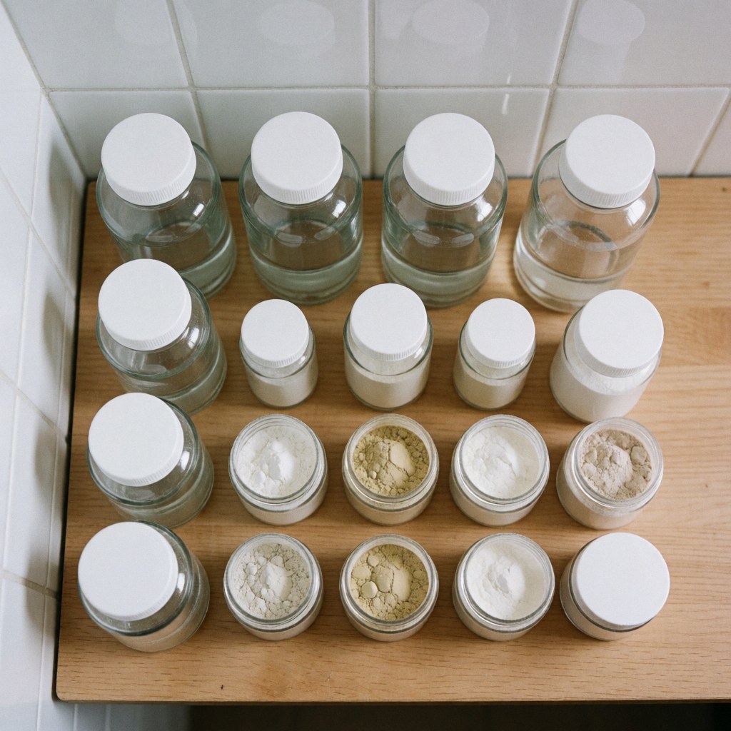 Glass jars with white lids and supplement powder on a light wooden surface, ideal for promoting natural health products in osteopathy.