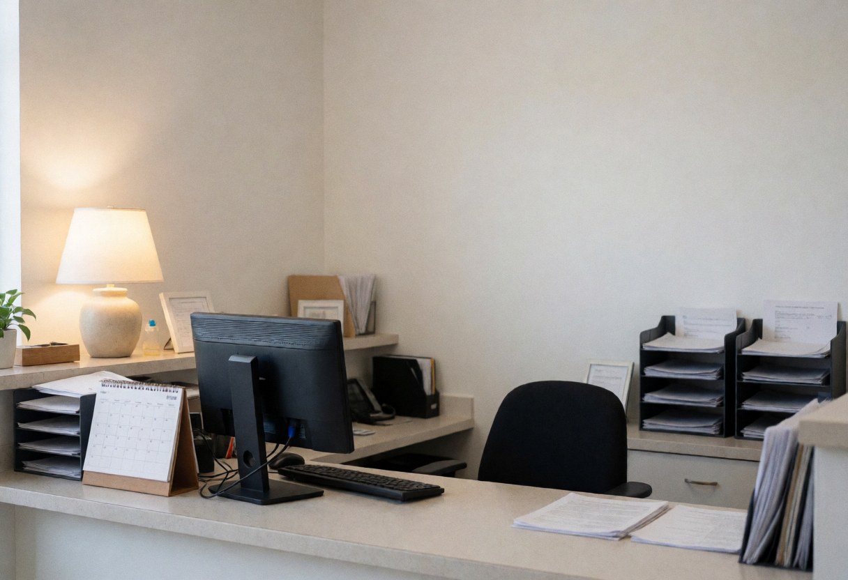 A tidy white reception desk in a clinic featuring a computer, calendar, documents, and plants on a clean white background