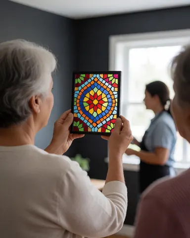 A vibrant decorative glass mosaic detail displayed in a bright home environment, showcasing artistic cristaleria decorativa design.