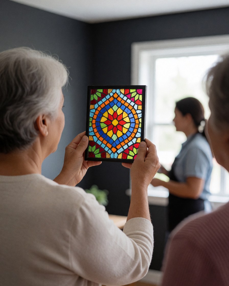 A vibrant decorative glass mosaic detail displayed in a bright home environment, showcasing artistic cristaleria decorativa design.