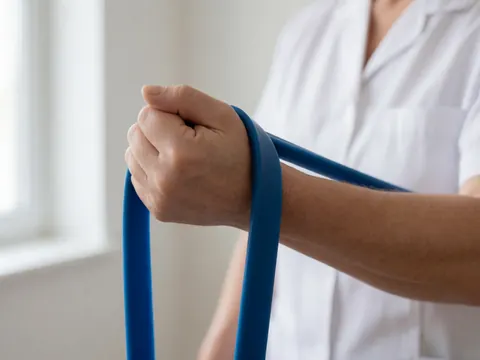 Adult hand gripping a blue resistance band in a bright clinical setting, highlighting precision and care in osteopathic treatment.