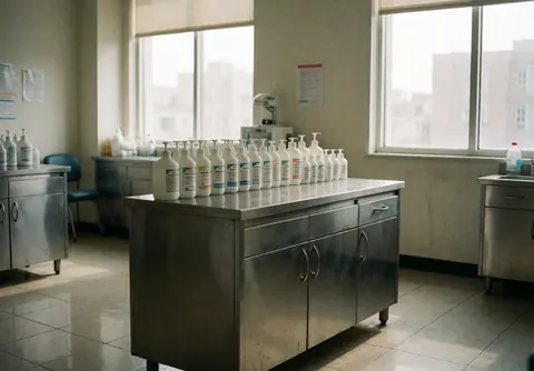Empty podiatry room with stainless steel furniture, antiseptic bottles, and natural light from large windows creating a hygienic atmosphere