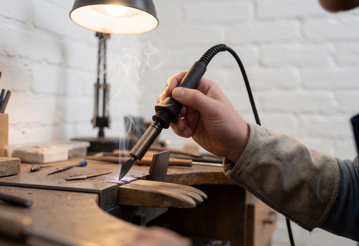 A glassworker wearing protective gloves uses a welding tool to join decorative glass pieces, creating smoke in a professional workshop setting.