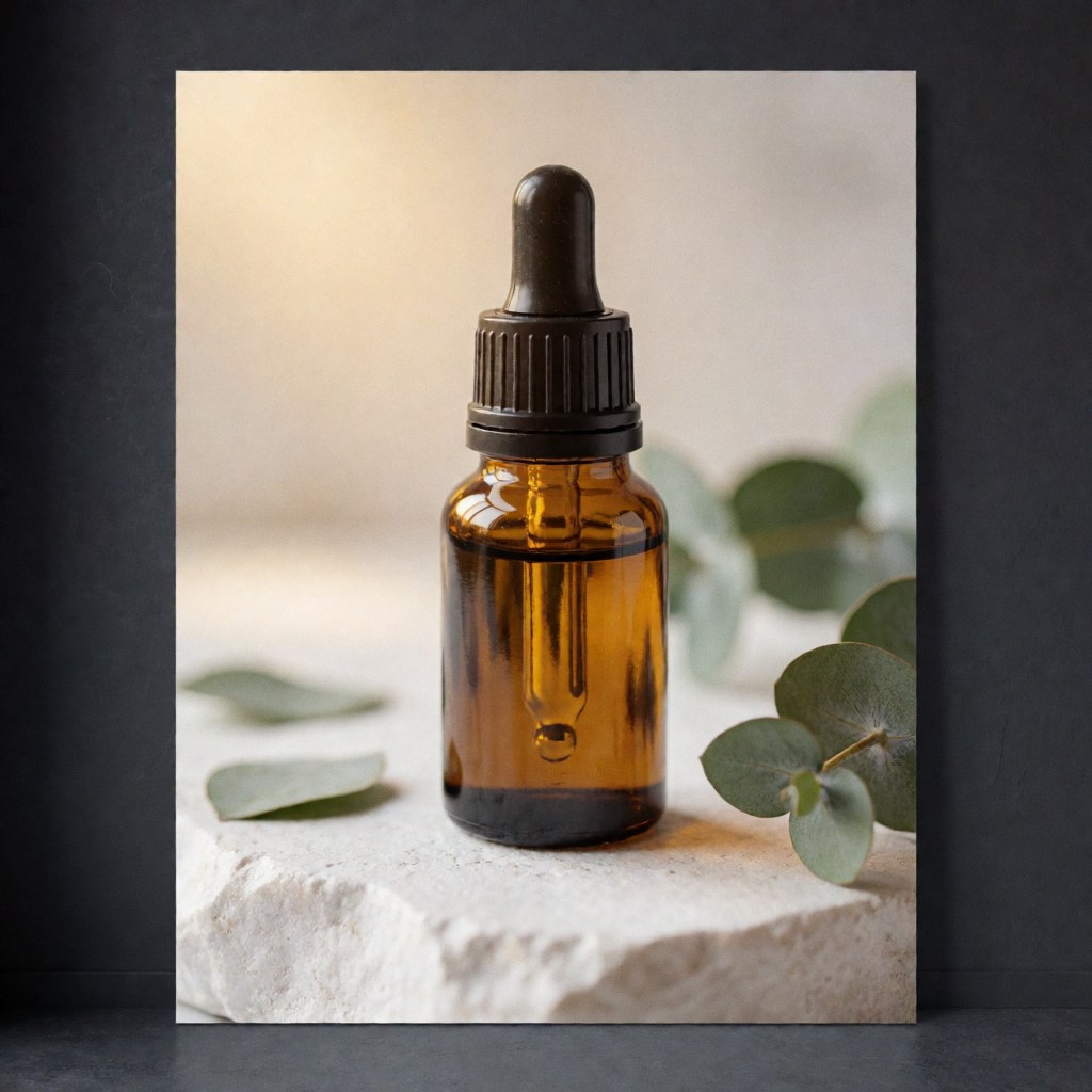 Eucalyptus essential oil bottle resting on white stone with green leaves, warm lighting, spa and wellness product display