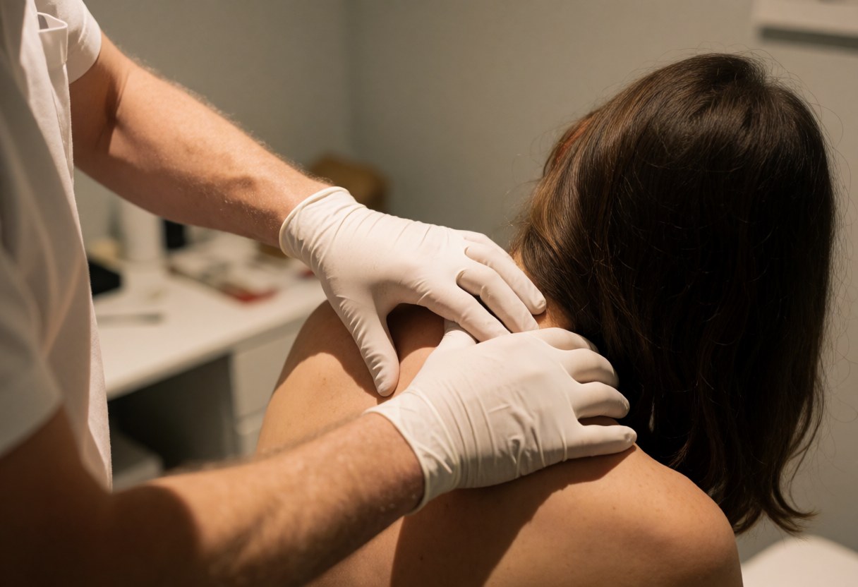 Osteopath wearing white gloves massages a patient's shoulder and neck in a clinical setting with warm lighting and a blurred background.