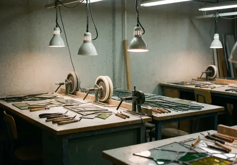 A clean and well-lit glass cutting area featuring a worktable, cutting tools, and decorative glass materials ready for crafting.