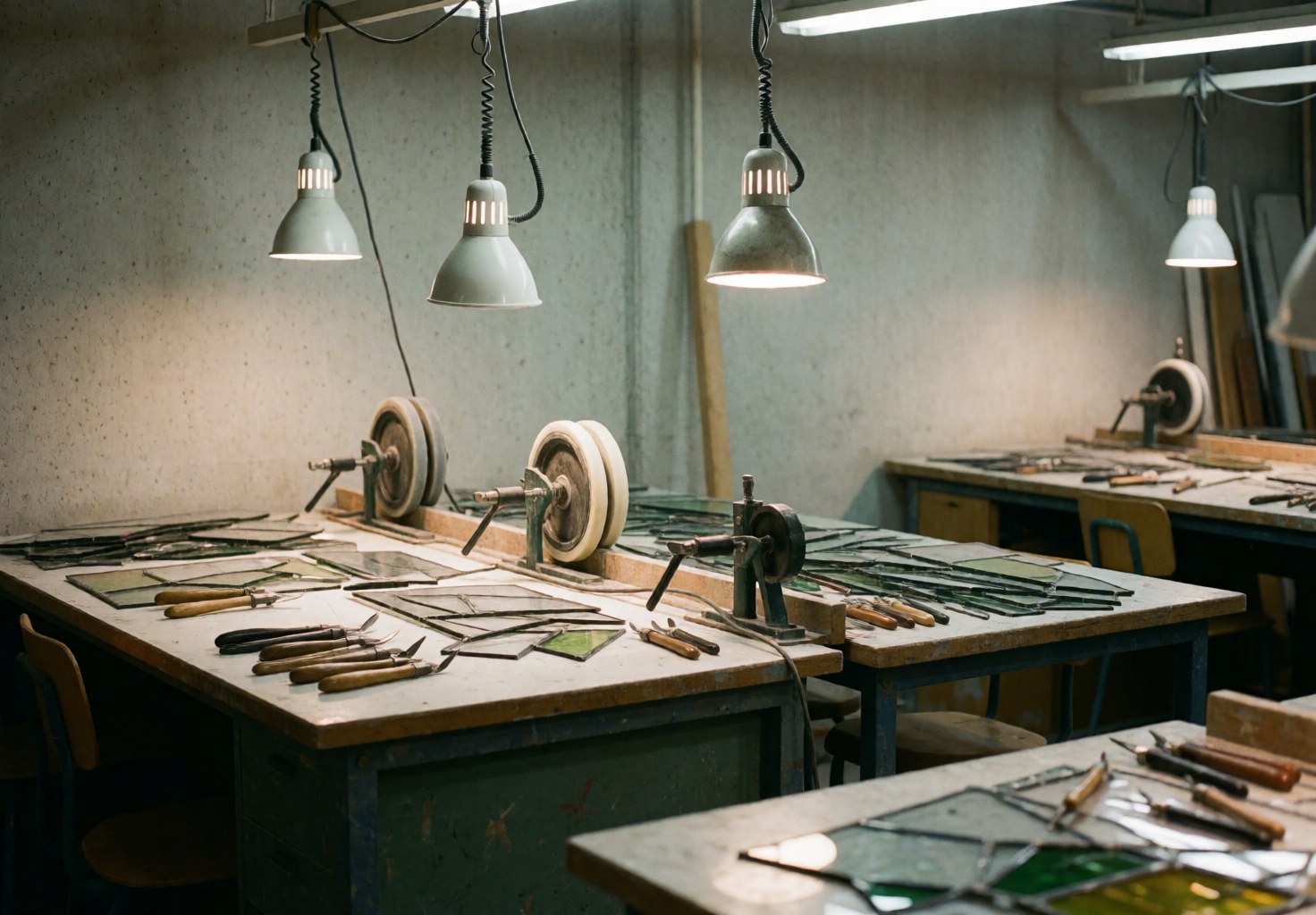 A clean and well-lit glass cutting area featuring a worktable, cutting tools, and decorative glass materials ready for crafting.