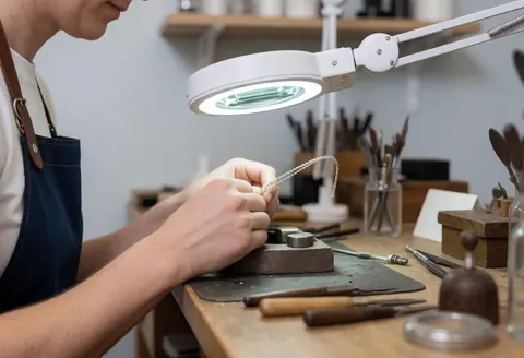 Close-up of a jeweler's hands using a magnifier and tools to repair a metal chain in a workshop setting