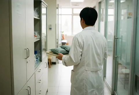 Osteopath in white coat walking with thermal gel tray toward cabinet in clean, well-lit clinic corridor