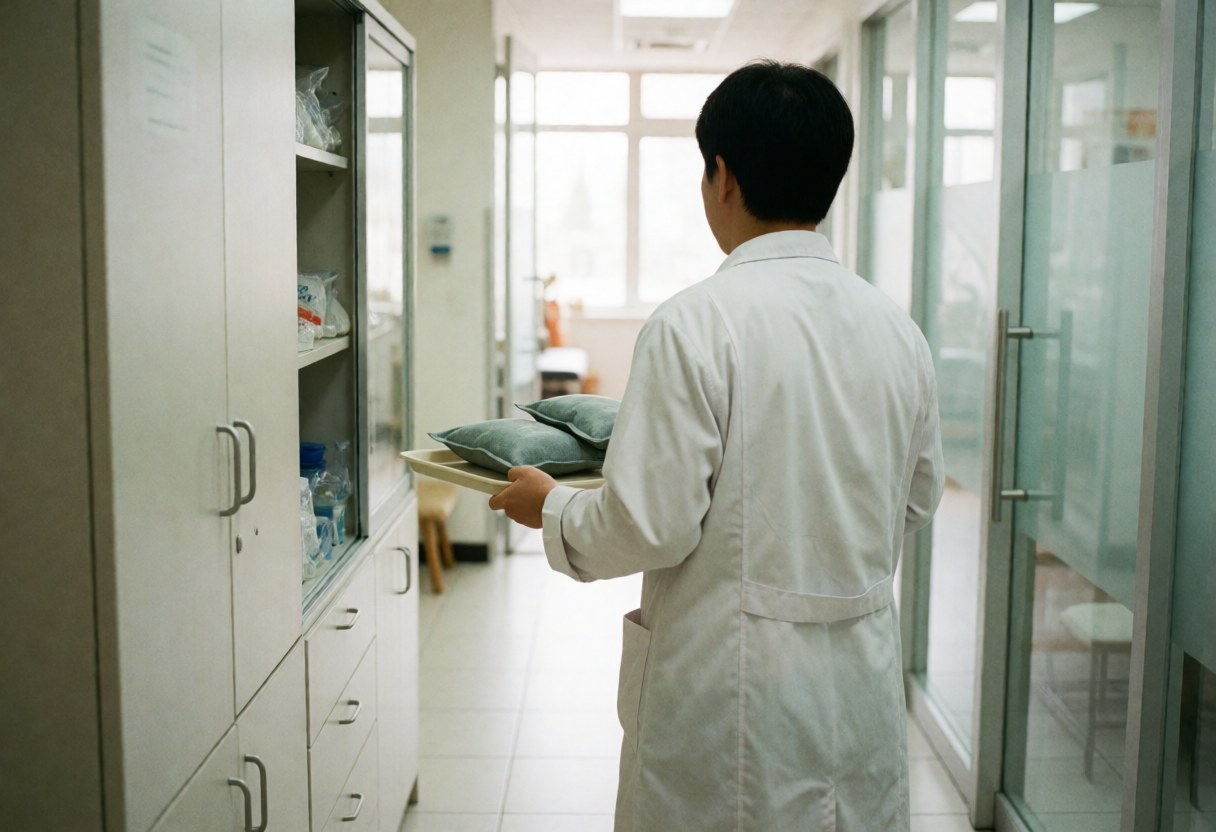 Osteopath in white coat walking with thermal gel tray toward cabinet in clean, well-lit clinic corridor